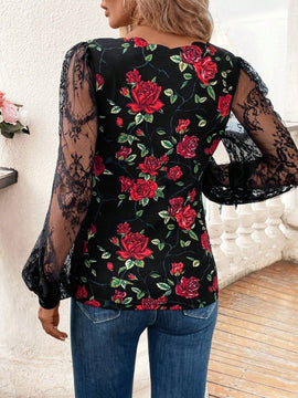 Camisa de manga larga de moda para mujer con malla estampada empalmada