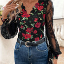 Camisa de manga larga de moda para mujer con malla estampada empalmada