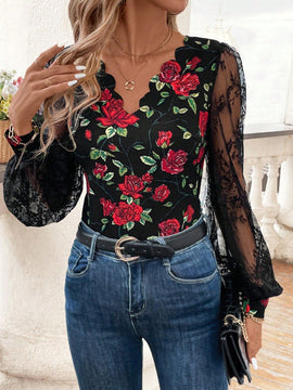 Camisa de manga larga de moda para mujer con malla estampada empalmada