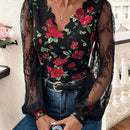 Camisa de manga larga de moda para mujer con malla estampada empalmada