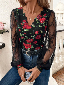 Camisa de manga larga de moda para mujer con malla estampada empalmada