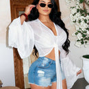 Blusa floja para mujer con lazo frontal y manga de volantes para vacaciones