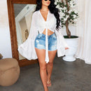 Blusa floja para mujer con lazo frontal y manga de volantes para vacaciones