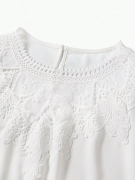 MOTF PREMIUM Blusa de manga globo con cordones y contraste de encaje