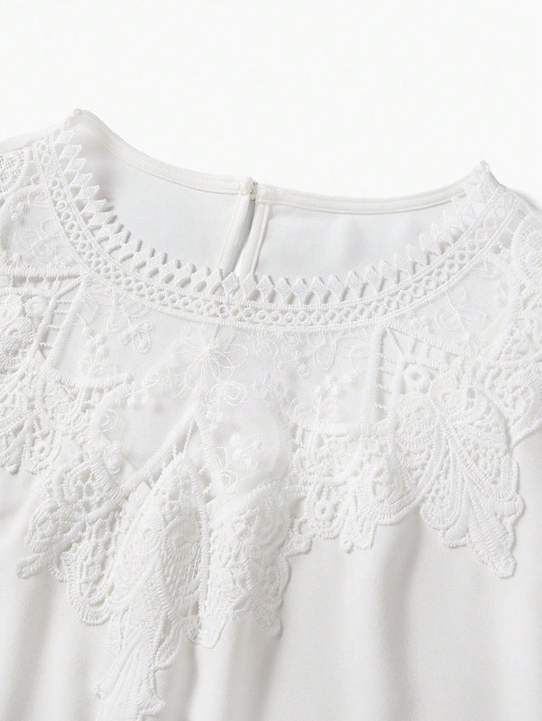 MOTF PREMIUM Blusa de manga globo con cordones y contraste de encaje