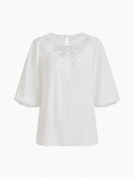 MOTF PREMIUM Blusa de manga globo con cordones y contraste de encaje