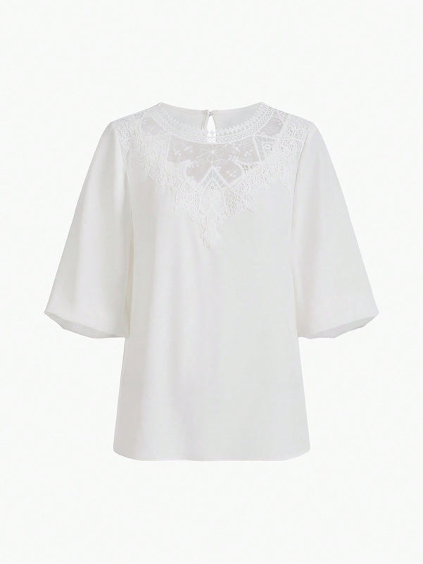 MOTF PREMIUM Blusa de manga globo con cordones y contraste de encaje