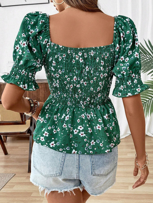 Blusa de volantes con mangas abullonadas y estampado floral para las vacaciones de verano