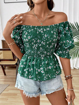 Blusa de volantes con mangas abullonadas y estampado floral para las vacaciones de verano