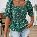Blusa de volantes con mangas abullonadas y estampado floral para las vacaciones de verano