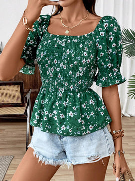Blusa de volantes con mangas abullonadas y estampado floral para las vacaciones de verano