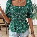 Blusa de volantes con mangas abullonadas y estampado floral para las vacaciones de verano