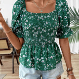 Blusa de volantes con mangas abullonadas y estampado floral para las vacaciones de verano