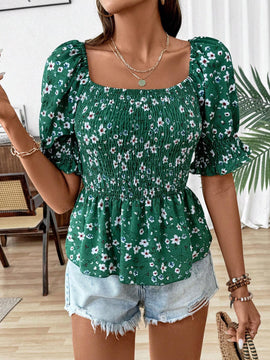 Blusa de volantes con mangas abullonadas y estampado floral para las vacaciones de verano