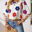 Blusa casual de mujer con estampado floral y parche de malla con cuello en V y mangas acampanadas 3/4