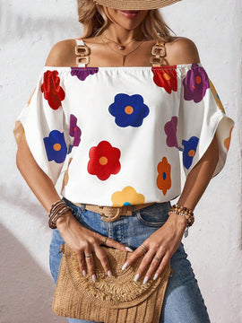 Camisa de mujer de ajuste holgado con hombros descubiertos y estampado floral