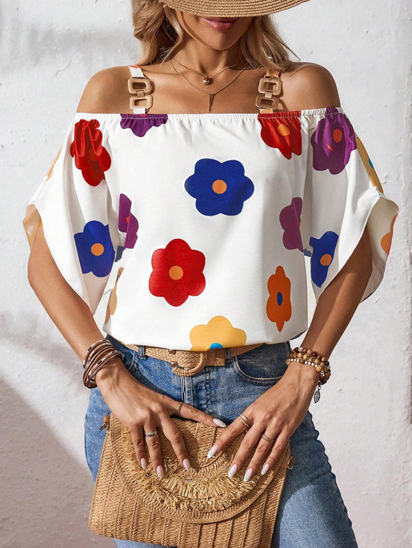 Camisa de mujer de ajuste holgado con hombros descubiertos y estampado floral