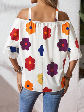 Camisa de mujer de ajuste holgado con hombros descubiertos y estampado floral