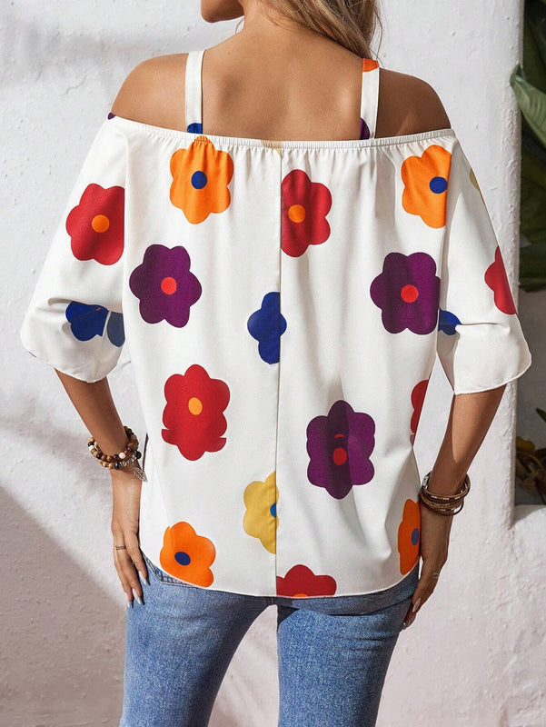 Camisa de mujer de ajuste holgado con hombros descubiertos y estampado floral