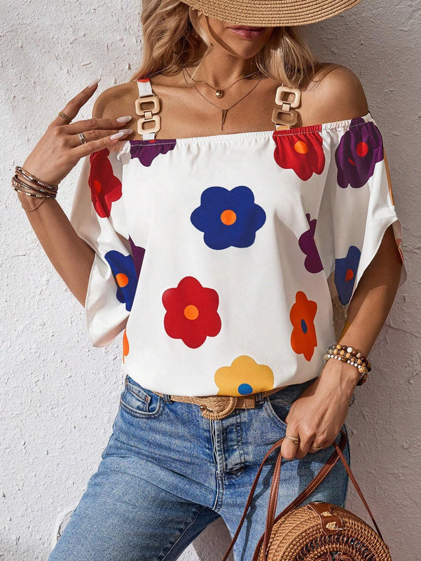 Camisa de mujer de ajuste holgado con hombros descubiertos y estampado floral
