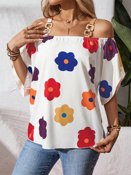 Camisa de mujer de ajuste holgado con hombros descubiertos y estampado floral
