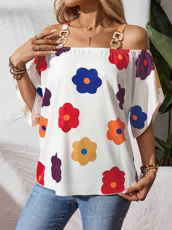 Camisa de mujer de ajuste holgado con hombros descubiertos y estampado floral