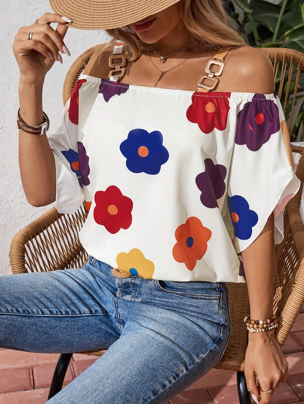 Camisa de mujer de ajuste holgado con hombros descubiertos y estampado floral