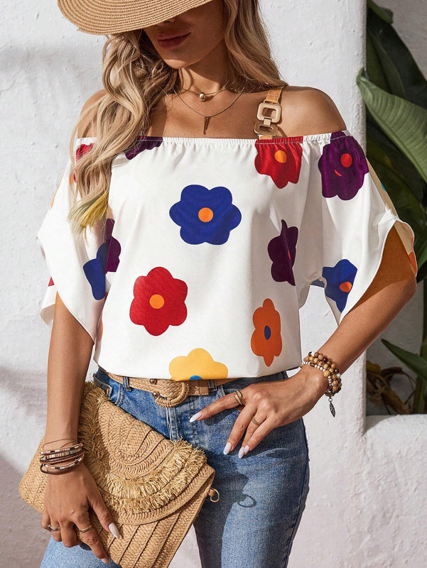 Camisa de mujer de ajuste holgado con hombros descubiertos y estampado floral