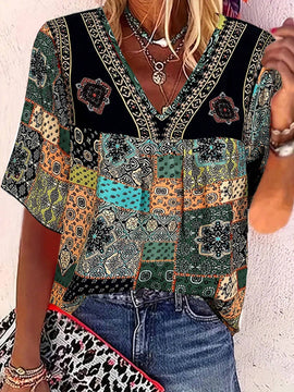 Blusa de verano para mujer con estampado floral y cuello en V