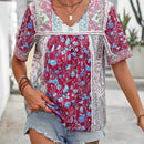 EMERY ROSE Camisa de manga corta con estampado de flores en todas partes y cuello en V para mujer, ideal para vacaciones informales