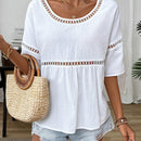 Camisa de mujer para uso diario con diseno sencillo de cuello redondo y huecos unicolor