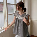 EastFlair Camisa casual de manga corta para mujer con ajuste holgado con ribete de volantes y dees de patron a cuadros