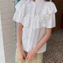 EastFlair Blusa de diseno partido para mujer con cuello doblado casual, doble capa con borde de volantes en mangas cortas