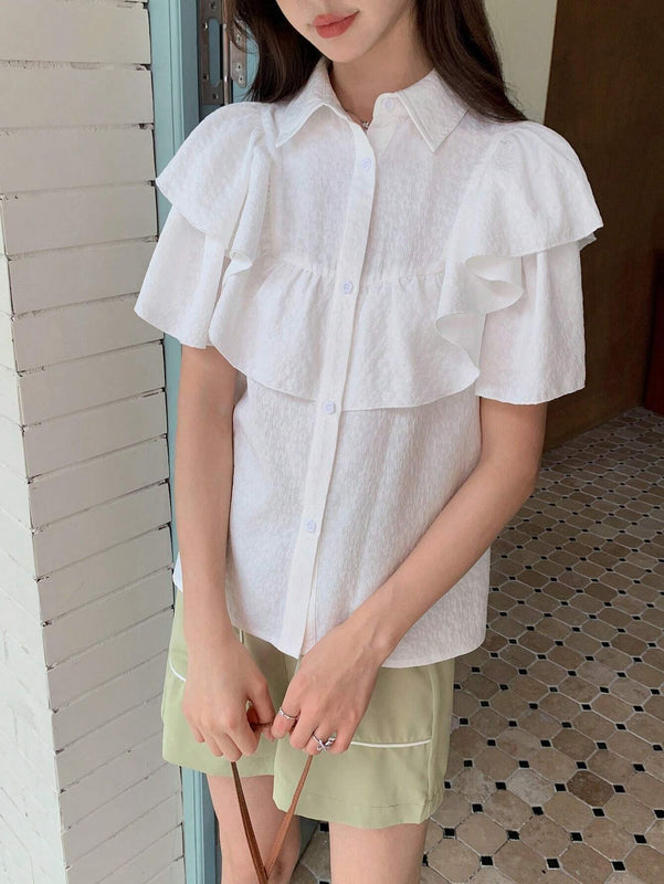EastFlair Blusa de diseno partido para mujer con cuello doblado casual, doble capa con borde de volantes en mangas cortas