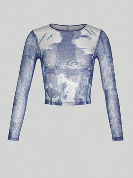 Camiseta translucida a rayas con mangas largas y efecto grafico