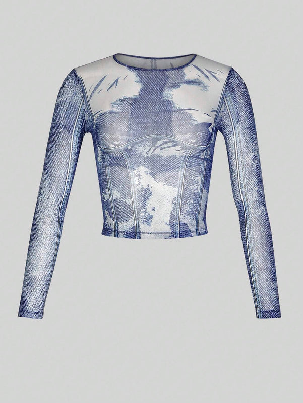 Camiseta translucida a rayas con mangas largas y efecto grafico