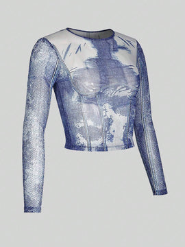 Camiseta translucida a rayas con mangas largas y efecto grafico