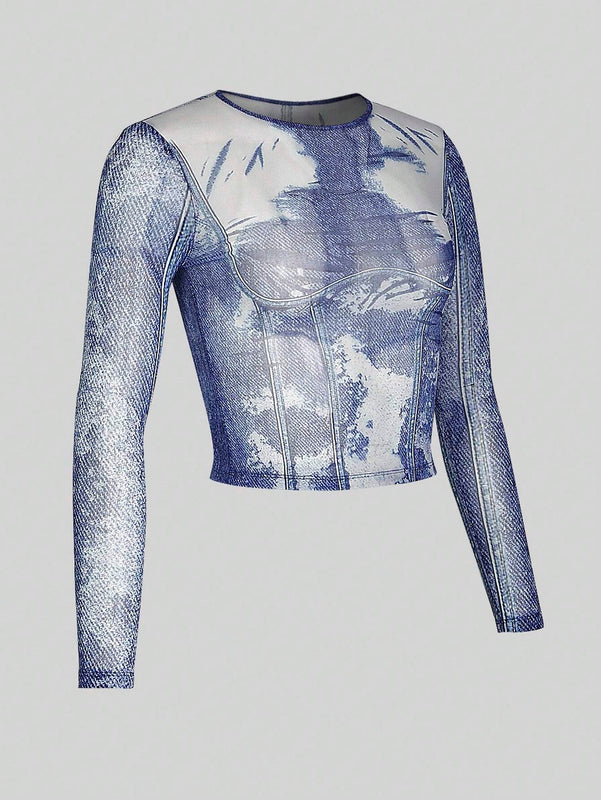 Camiseta translucida a rayas con mangas largas y efecto grafico