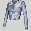 Camiseta translucida a rayas con mangas largas y efecto grafico