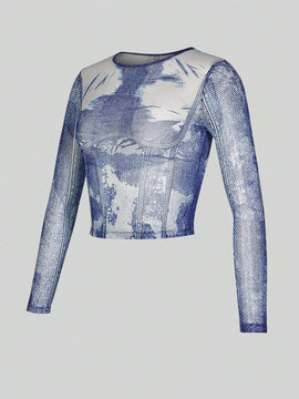 Camiseta translucida a rayas con mangas largas y efecto grafico