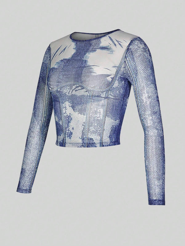 Camiseta translucida a rayas con mangas largas y efecto grafico
