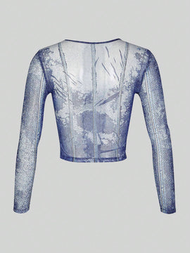 Camiseta translucida a rayas con mangas largas y efecto grafico