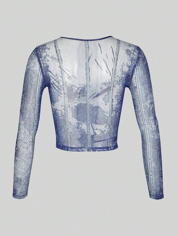 Camiseta translucida a rayas con mangas largas y efecto grafico