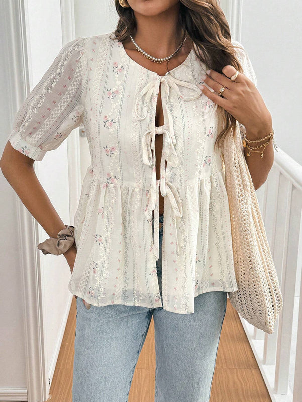 Frenchy Camisa de mujer con estampado floral y lazo delantero