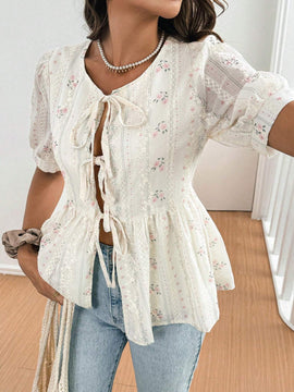 Frenchy Camisa de mujer con estampado floral y lazo delantero