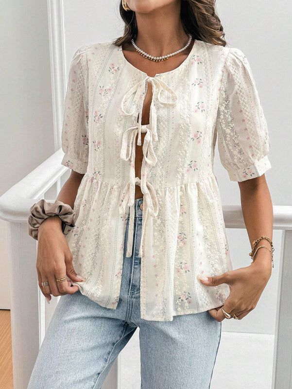 Frenchy Camisa de mujer con estampado floral y lazo delantero