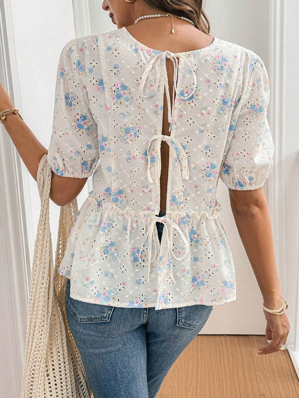 Camisa corta de mangas cortas para mujer, impresa con frente anudado para usar en el dia a dia