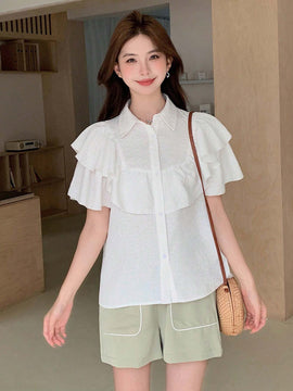 EastFlair Blusa de diseno partido para mujer con cuello doblado casual, doble capa con borde de volantes en mangas cortas