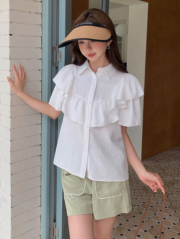 EastFlair Blusa de diseno partido para mujer con cuello doblado casual, doble capa con borde de volantes en mangas cortas