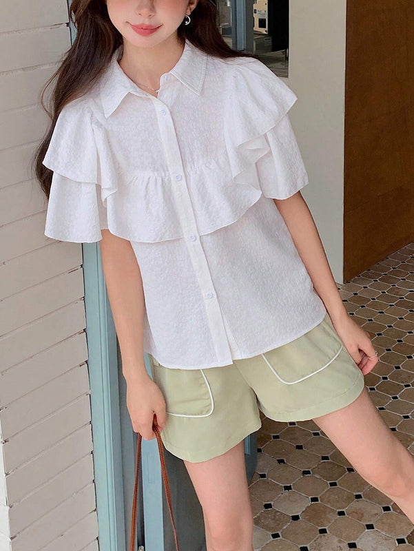 EastFlair Blusa de diseno partido para mujer con cuello doblado casual, doble capa con borde de volantes en mangas cortas